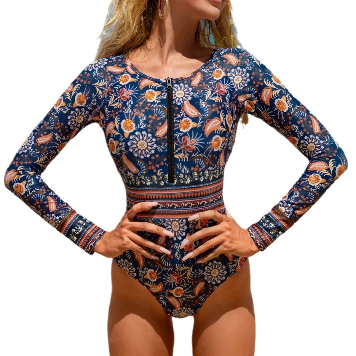 Wholesale one-piece long-sleeved printed surfing suit sun-proof women's swimsuit diving suit swimsuit